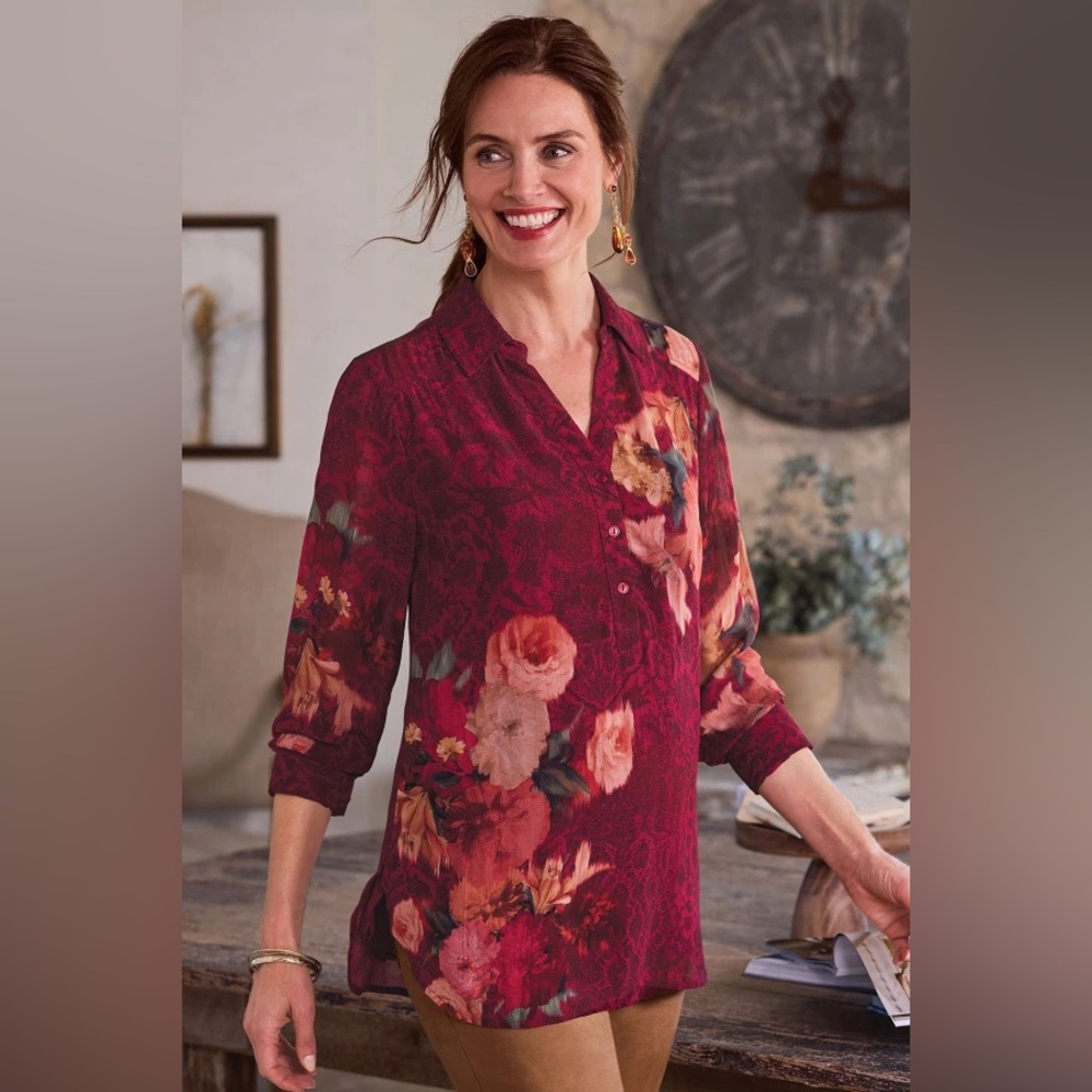 NWOT Soft Surroundings Garden Double Layer Crepe LS Tunic Blouse in Wine Multi